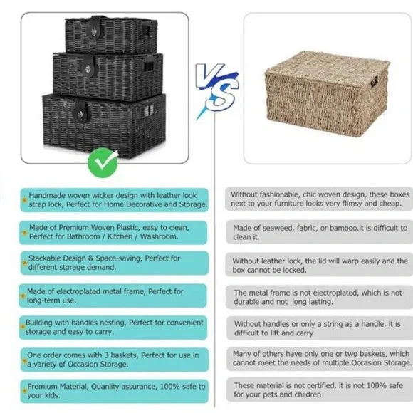Set of 3 Woven Storage Basket Box Wicker Hamper Stackable Bin with Lid & Lock